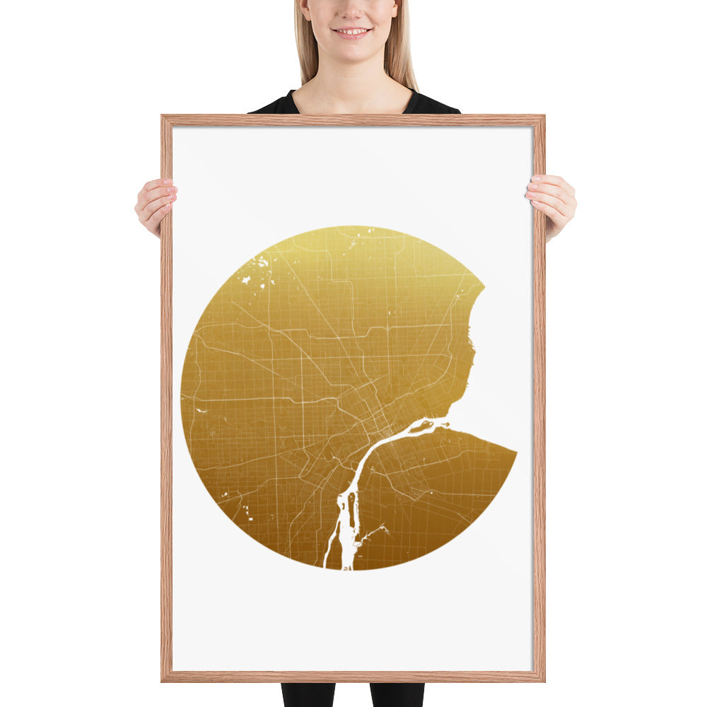 Detroit Gold on White Framed Map