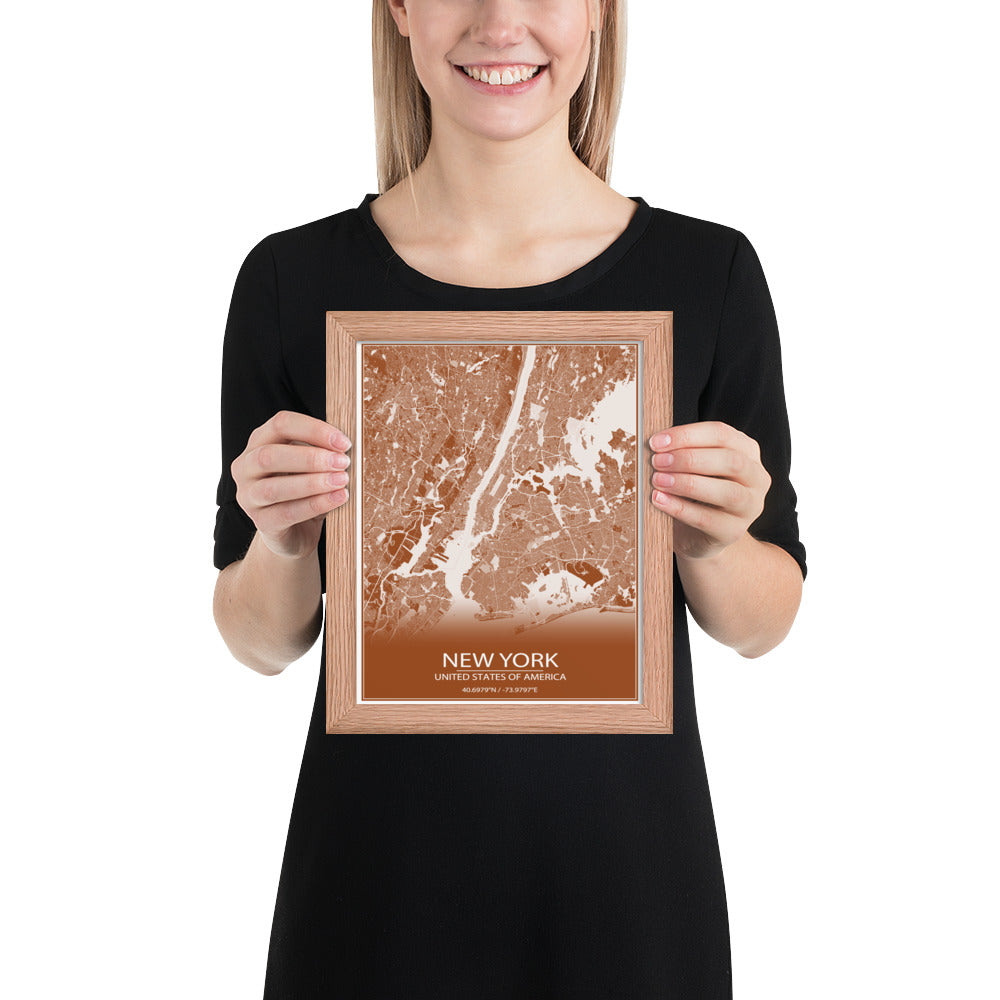 New York Brown and White Framed Map