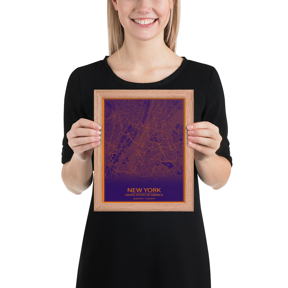 New York Purple and Orange Framed Map