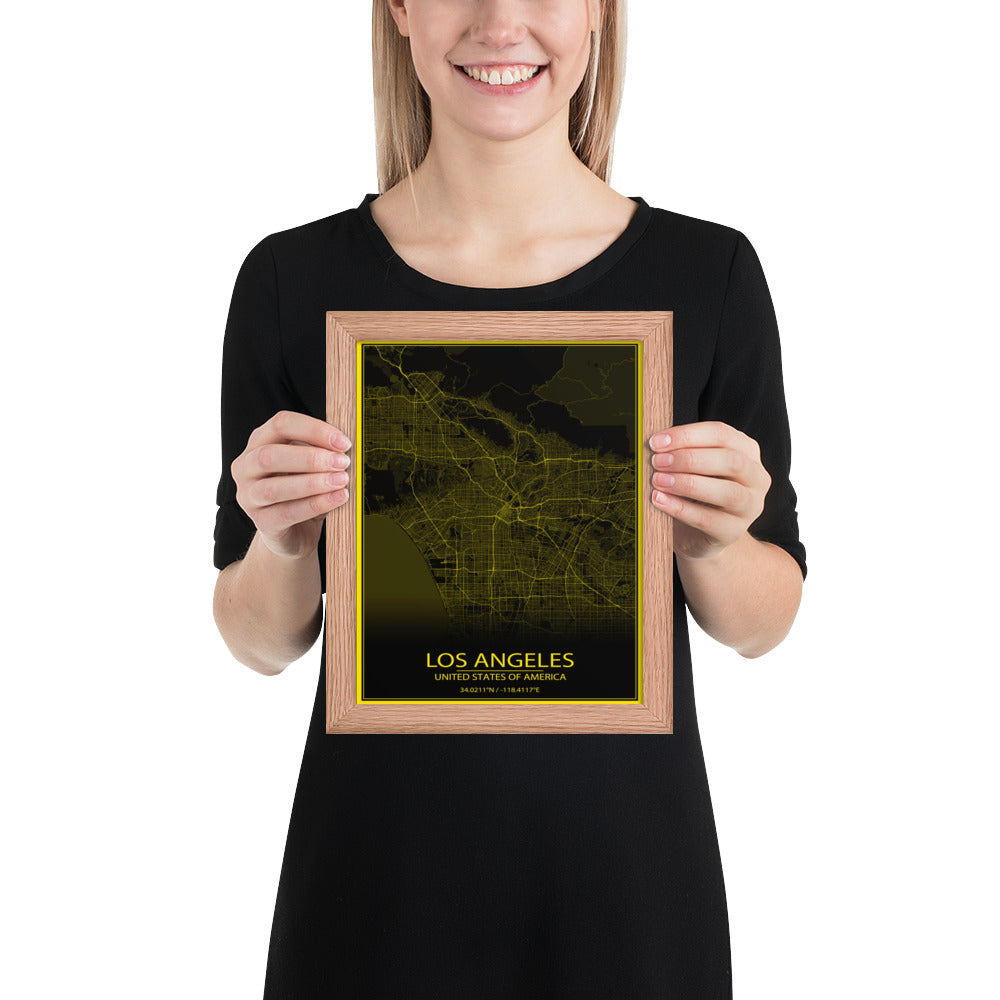 Los Angeles Black and Yellow Framed Map