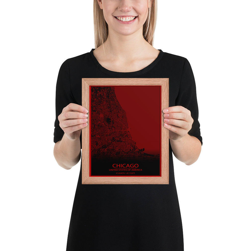 Chicago Black and Red Framed Map