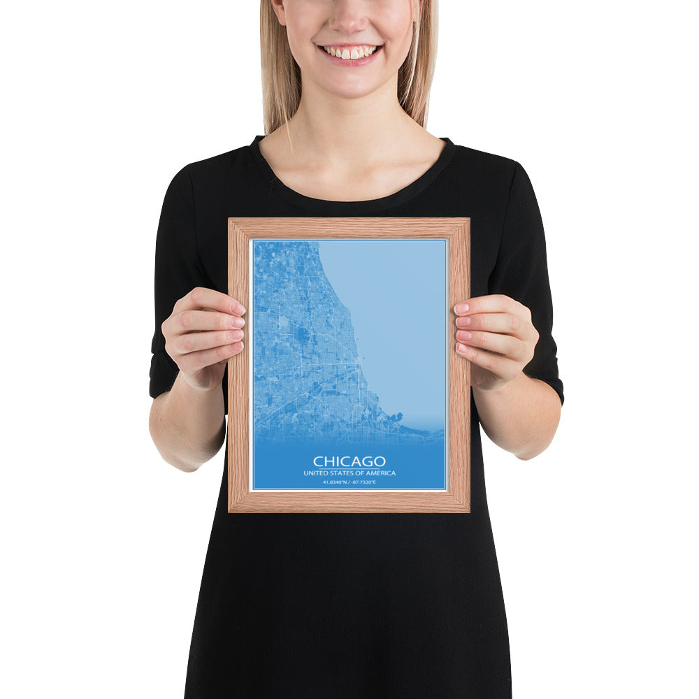 Chicago Blue and White Framed Map