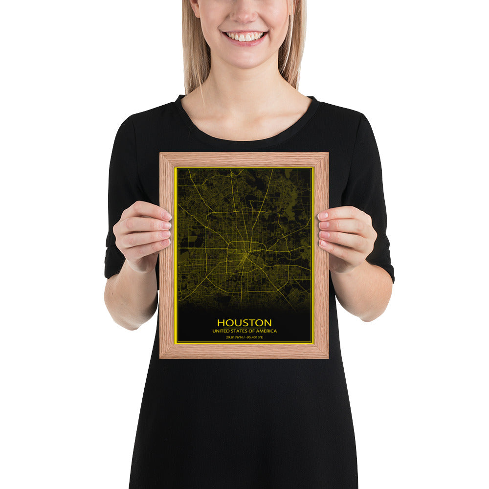 Houston Black and Yellow Framed Map