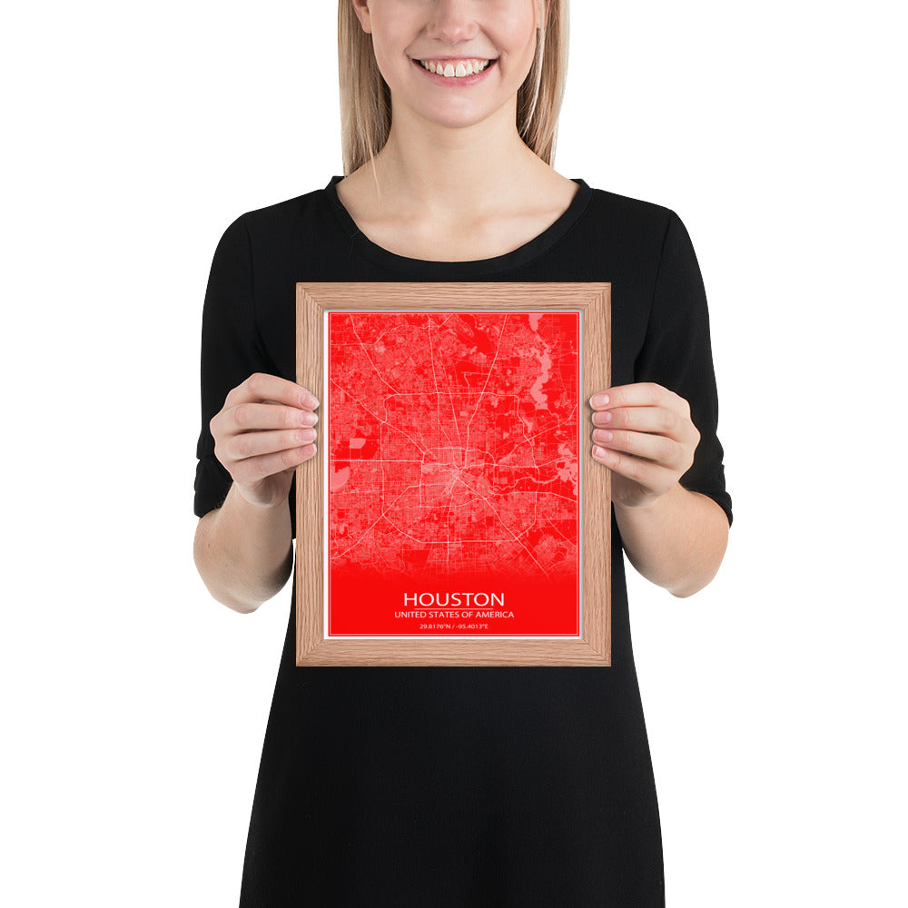 Houston Red and White Framed Map