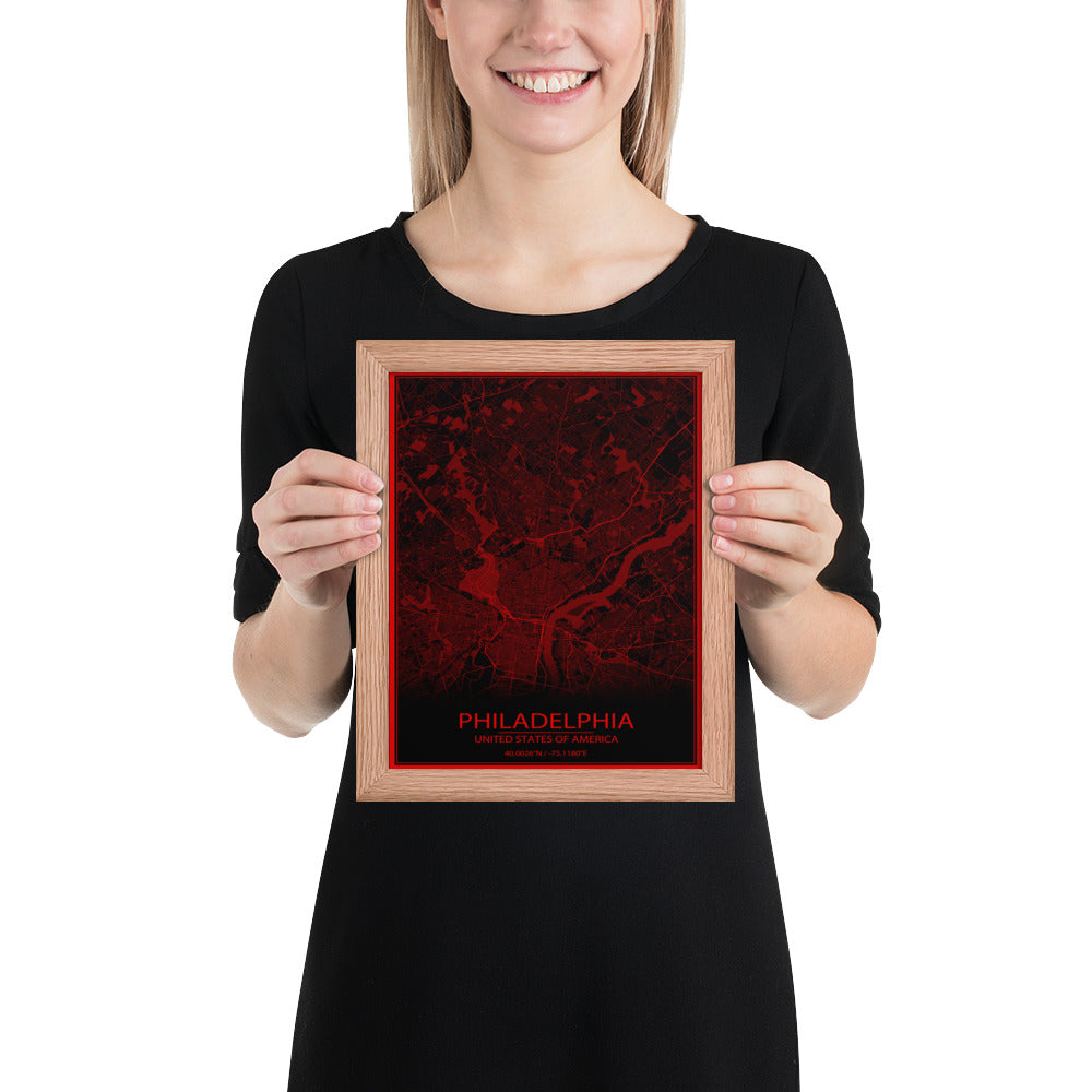 Philadelphia Black and Red Framed Map