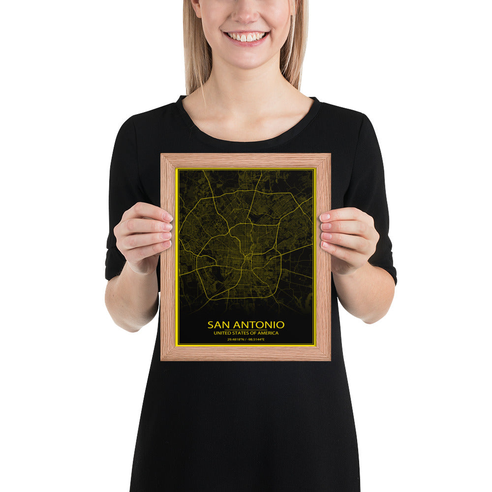 San Antonio Black and Yellow Framed Map