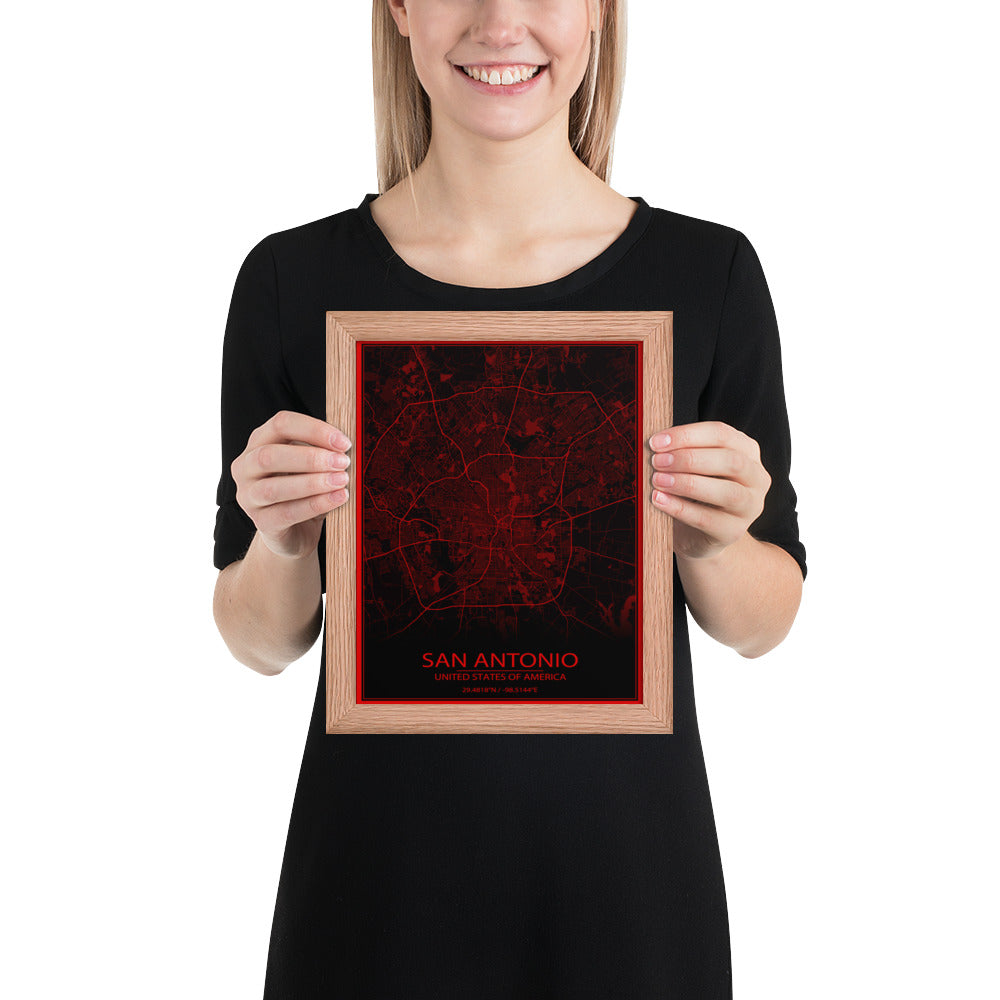 San Antonio Black and Red Framed Map