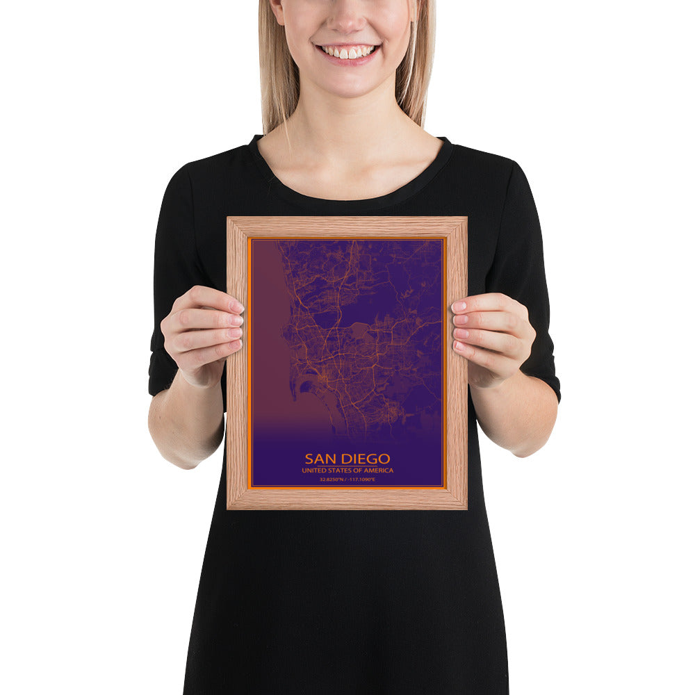 San Diego Purple and Orange Framed Map