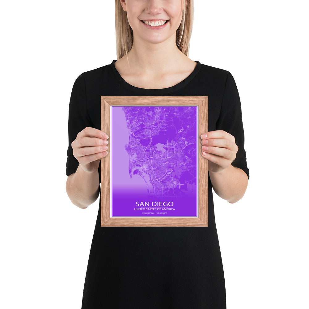 San Diego Purple and White Framed Map