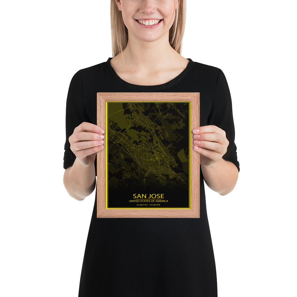 San Jose Black and Yellow Framed Map