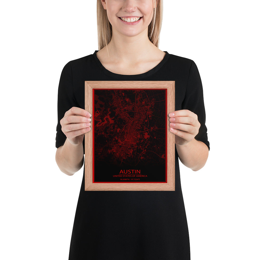 Austin Black and Red Framed Map