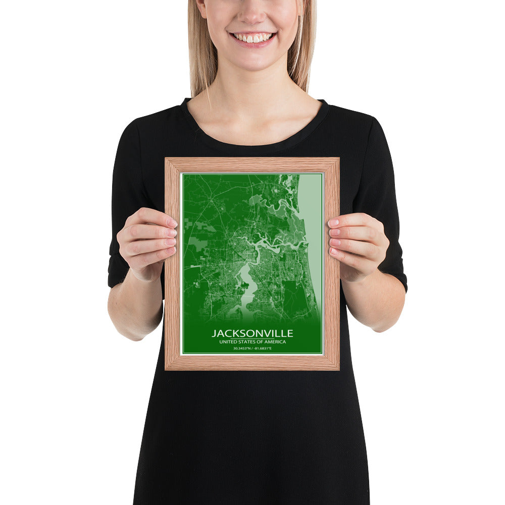 Jacksonville Green and White Framed Map