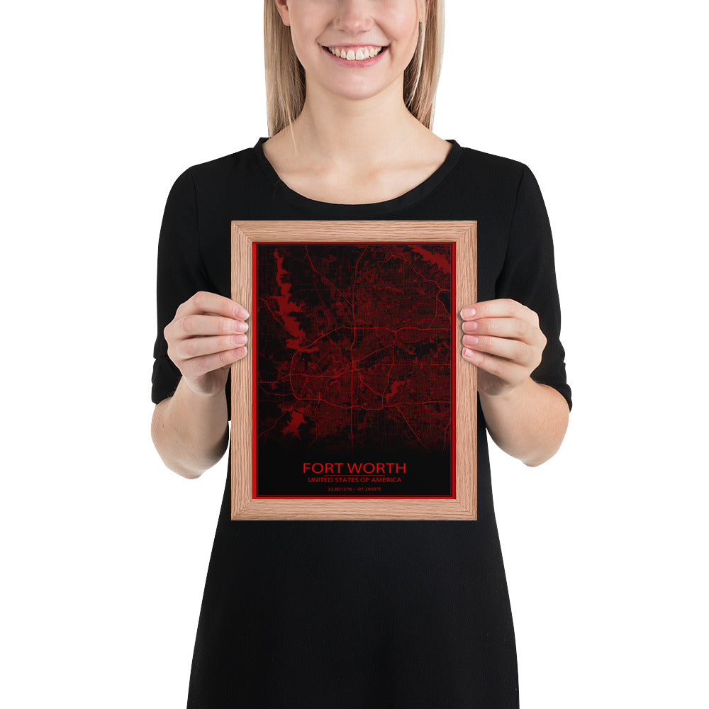 Fort Worth Black and Red Framed Map