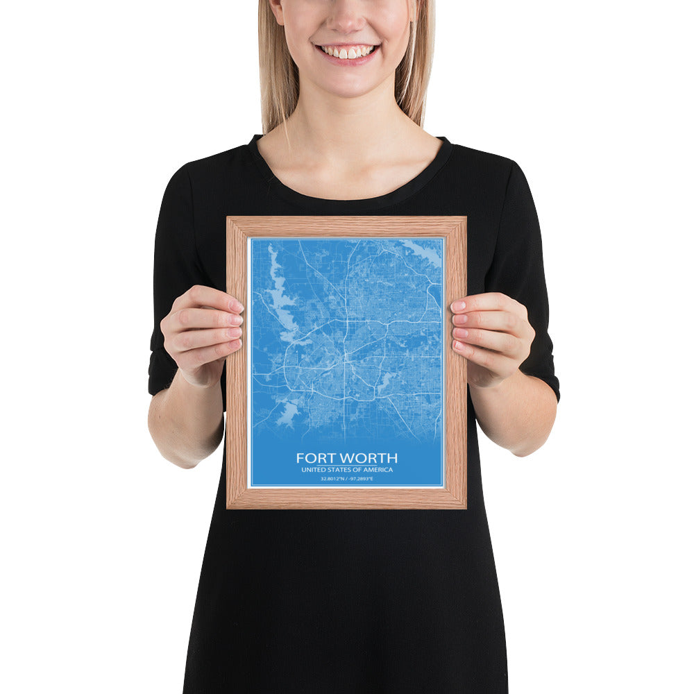 Fort Worth Blue and White Framed Map