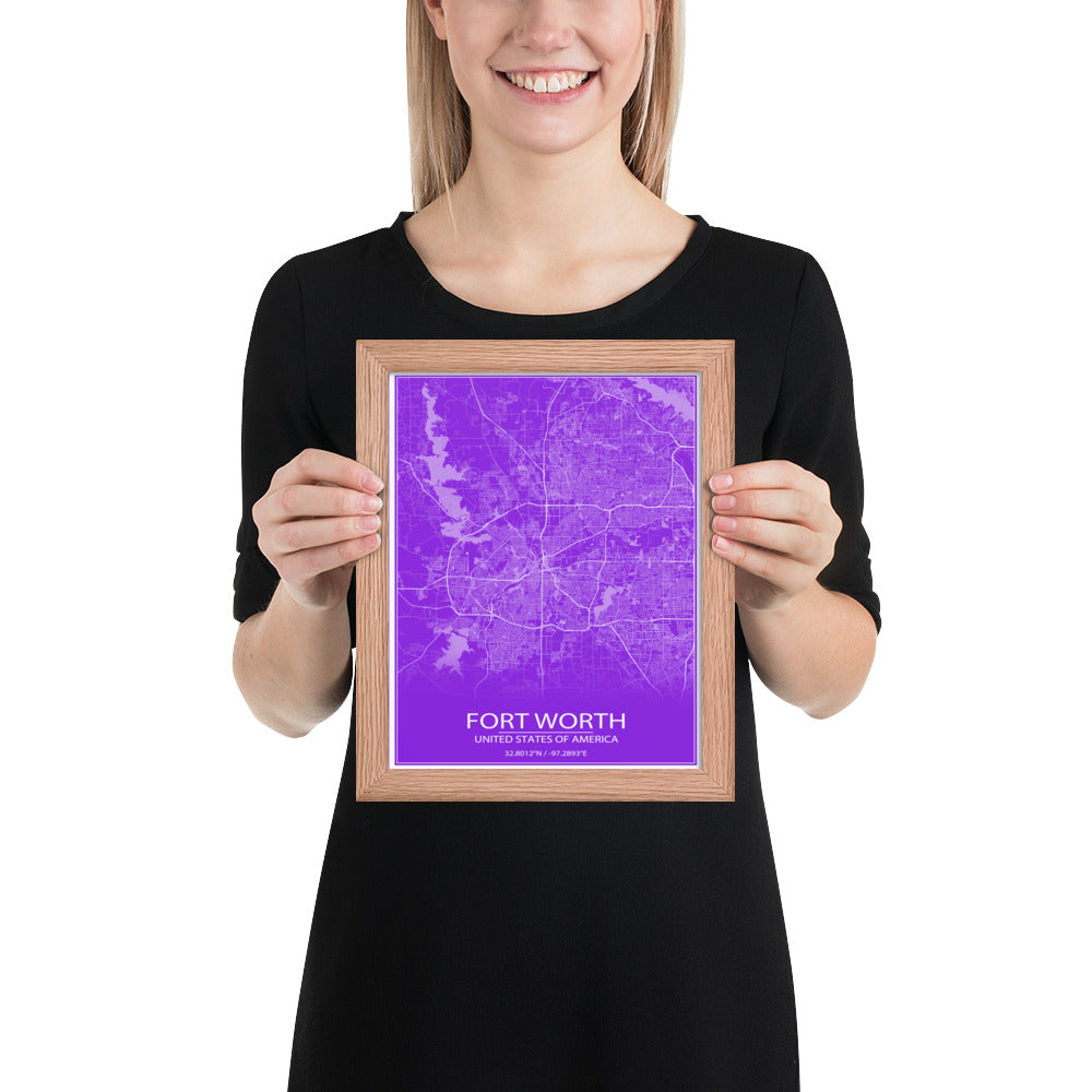 Fort Worth Purple and White Framed Map