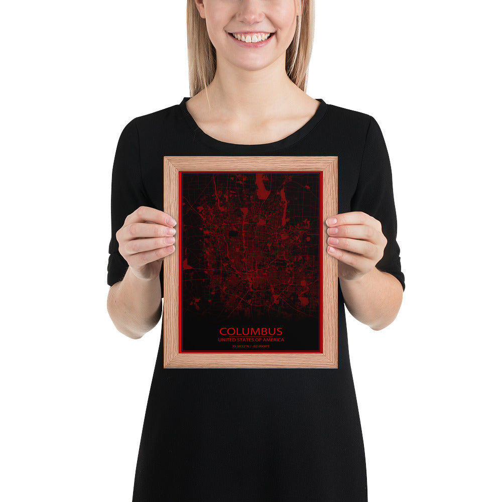 Columbus Black and Red Framed Map