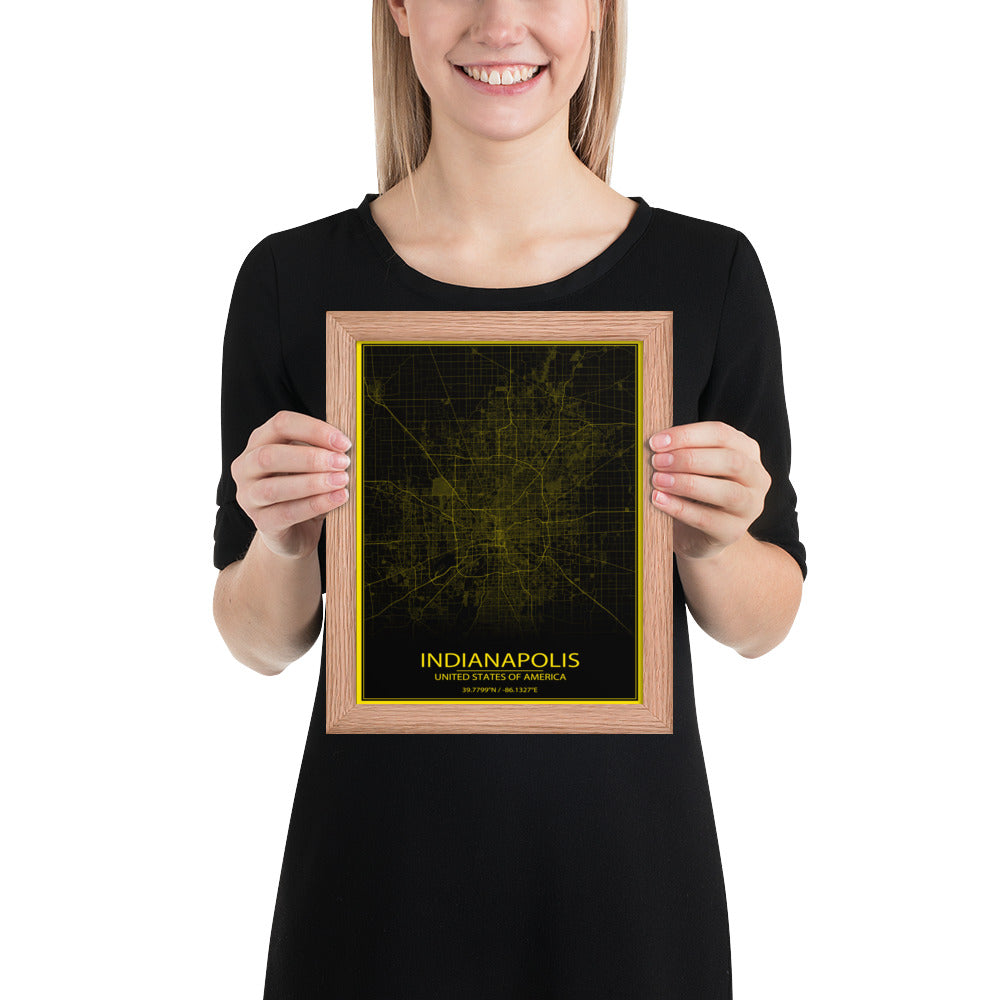 Indianapolis Black and Yellow Framed Map