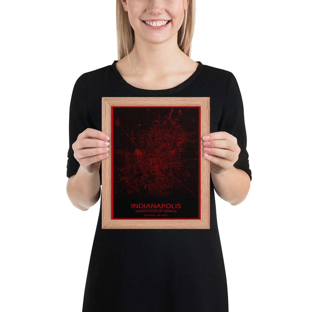 Indianapolis Black and Red Framed Map