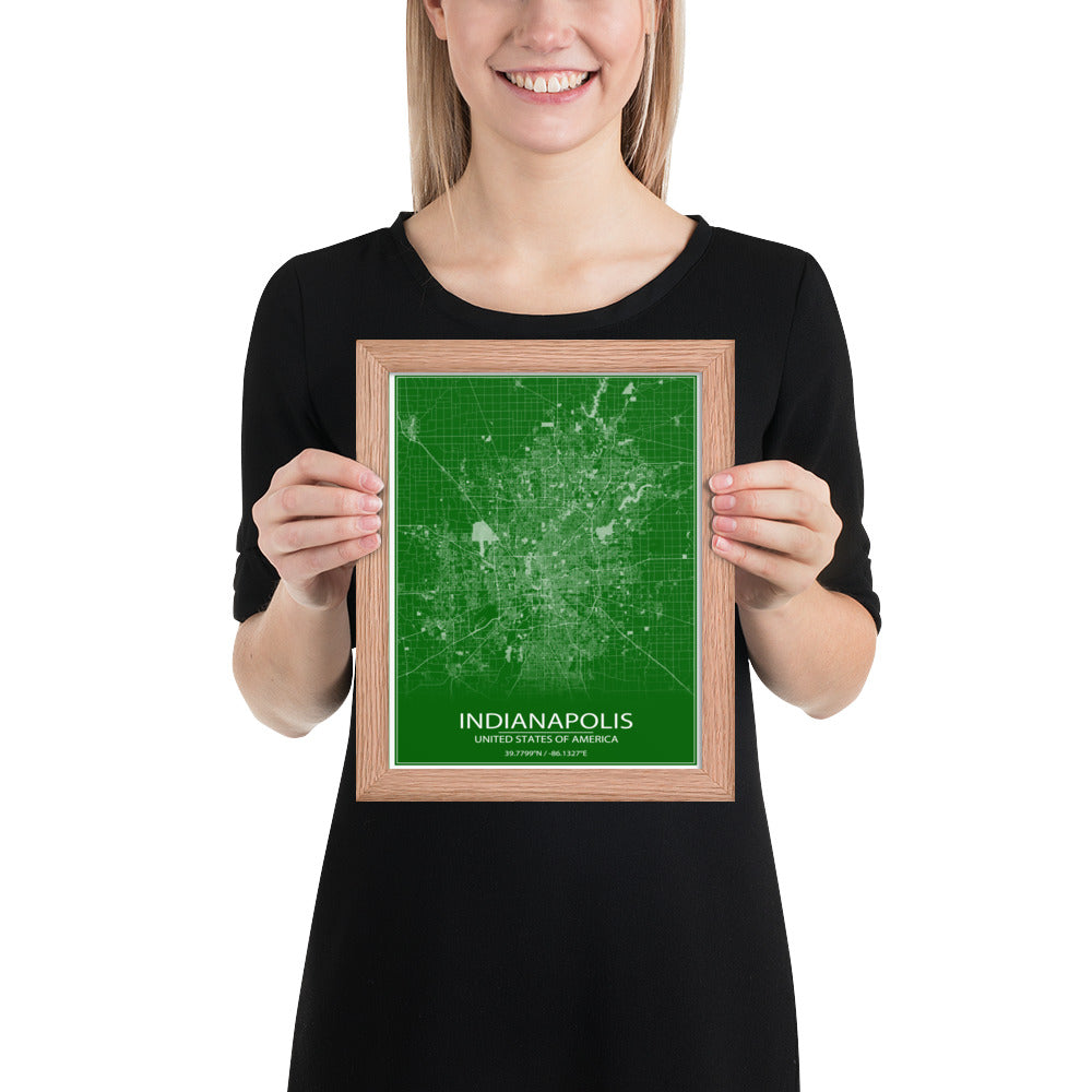 Indianapolis Green and White Framed Map