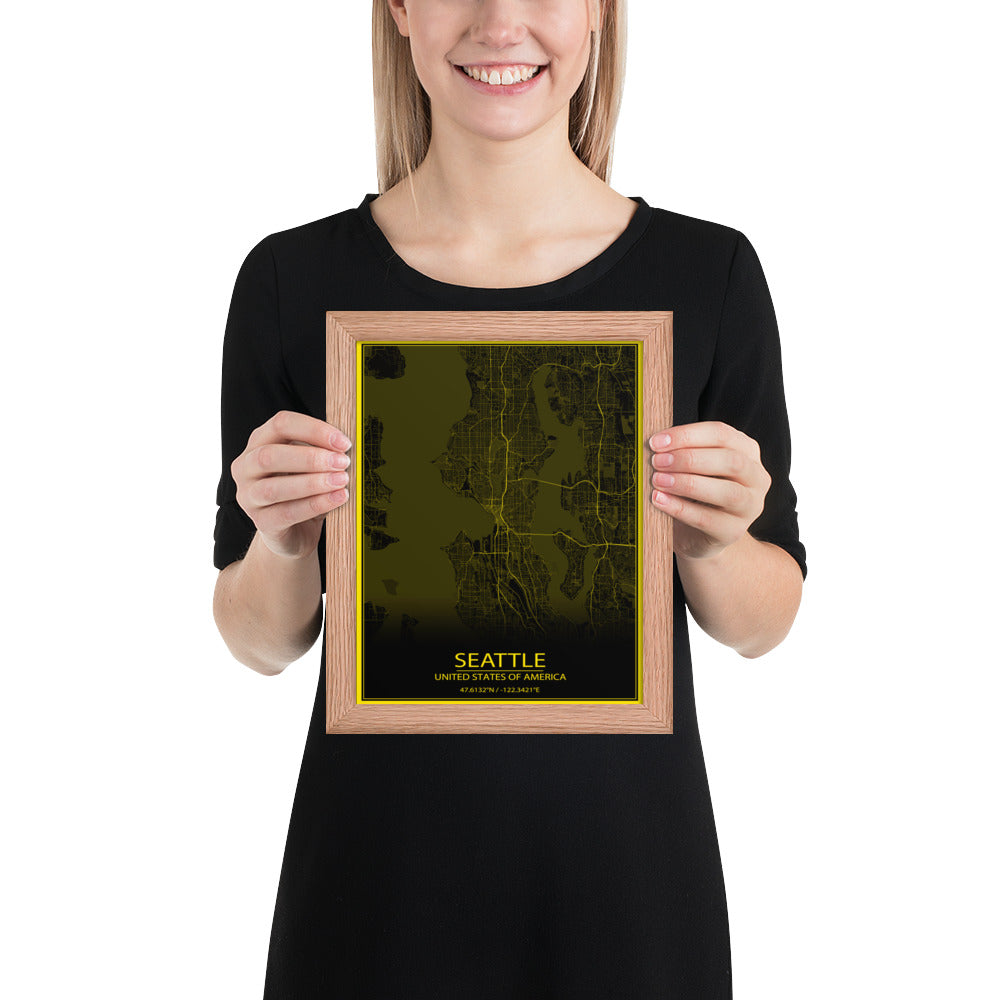 Seattle Black and Yellow Framed Map