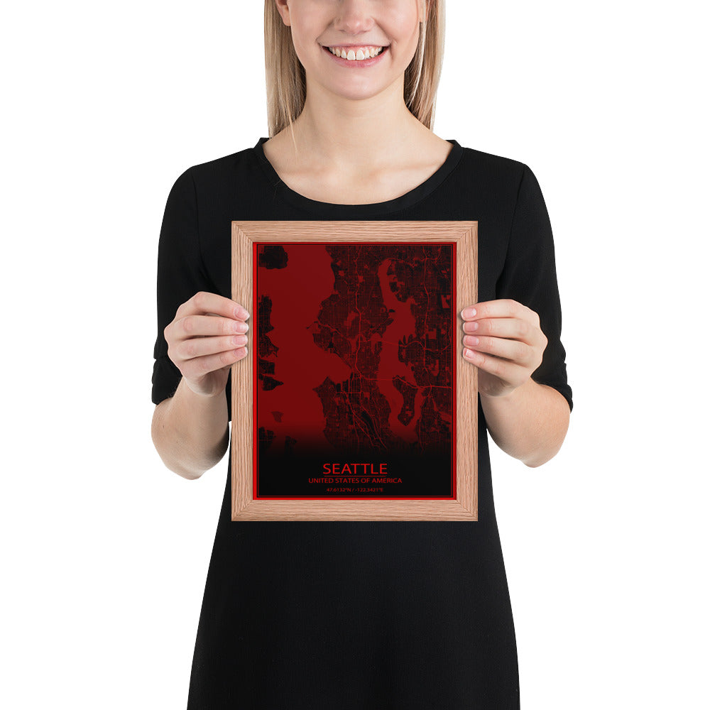 Seattle Black and Red Framed Map