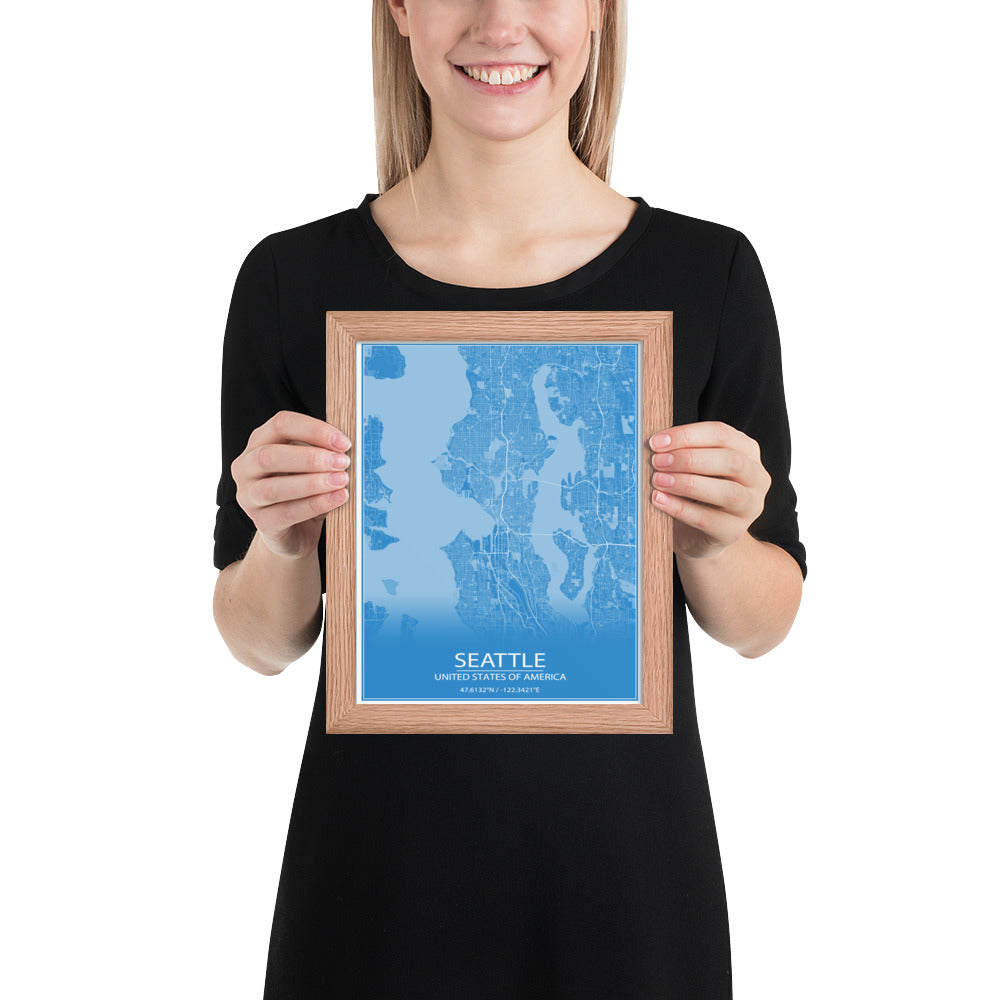 Seattle Blue and White Framed Map