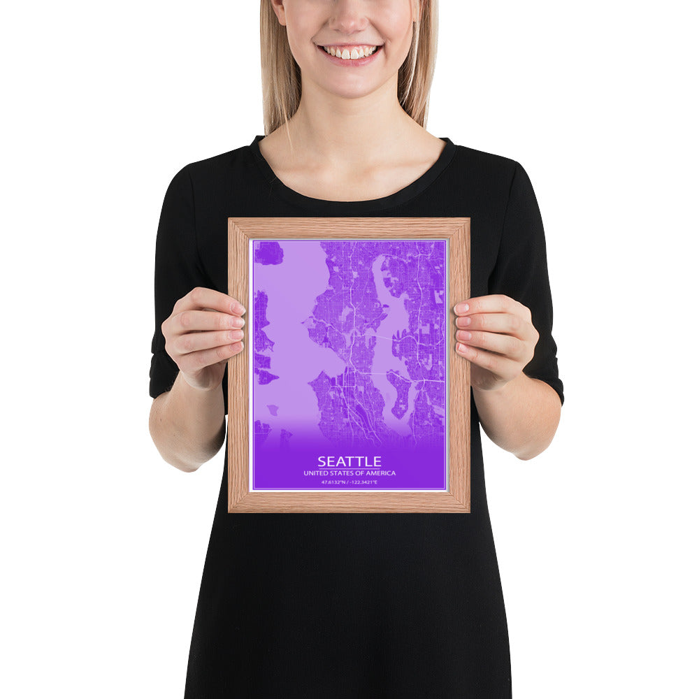 Seattle Purple and White Framed Map