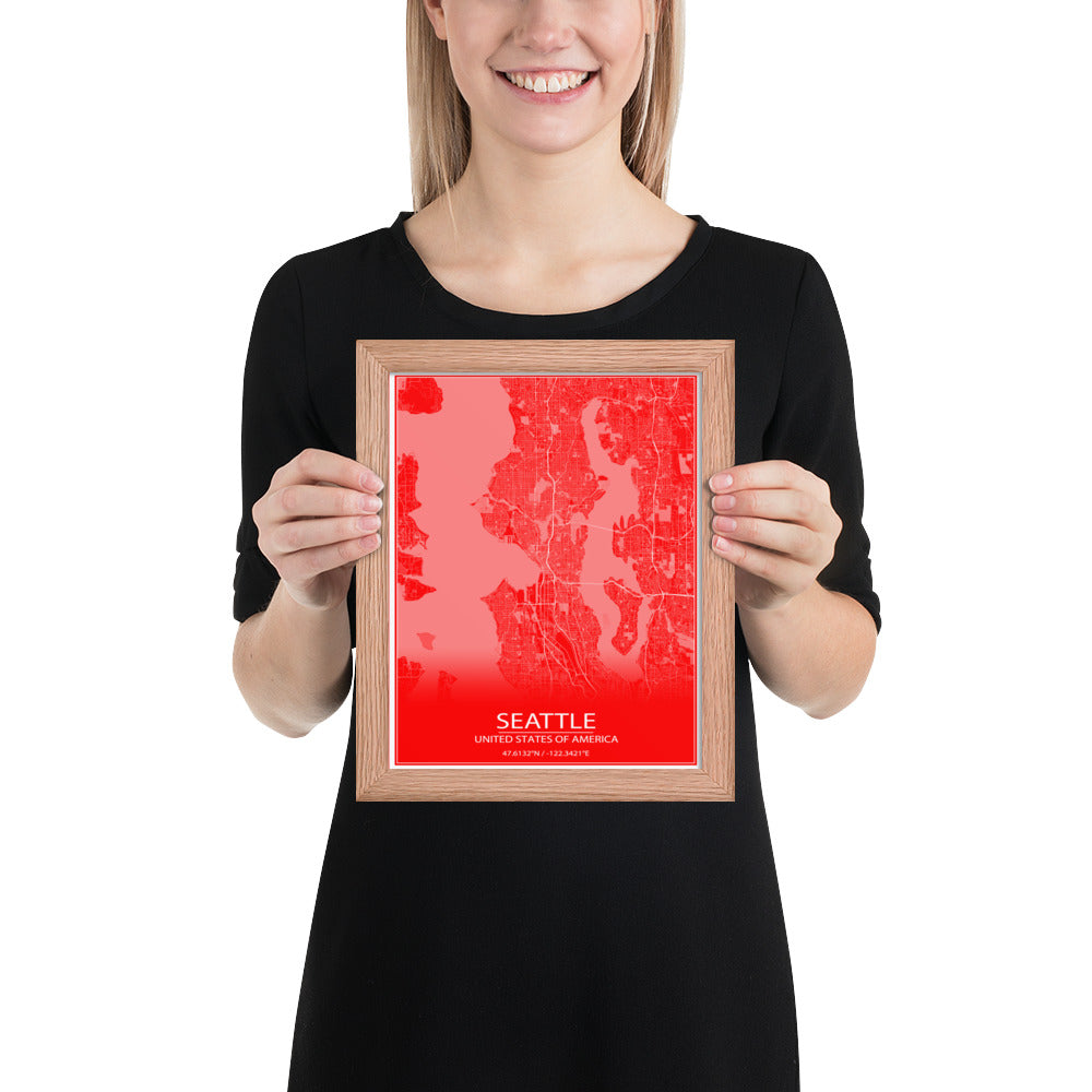 Seattle Red and White Framed Map