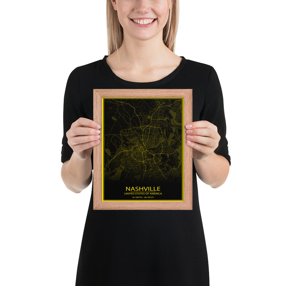 Nashville Black and Yellow Framed Map