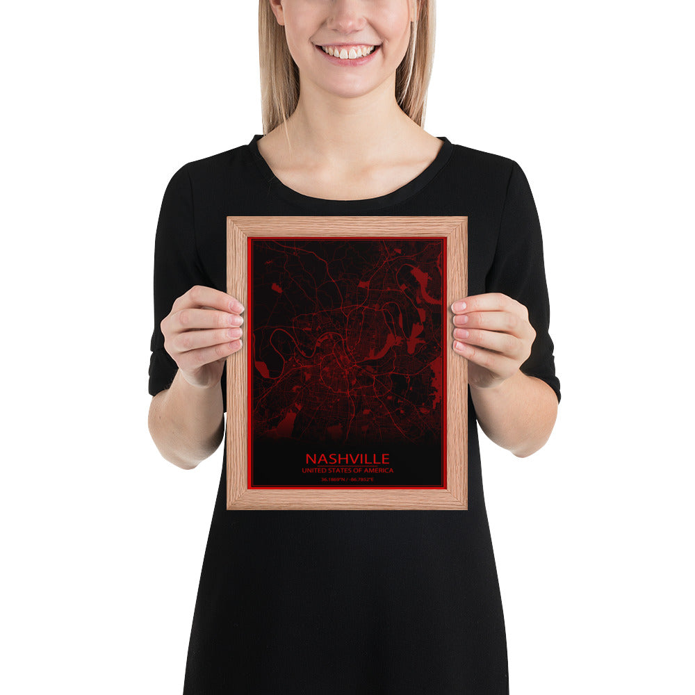 Nashville Black and Red Framed Map