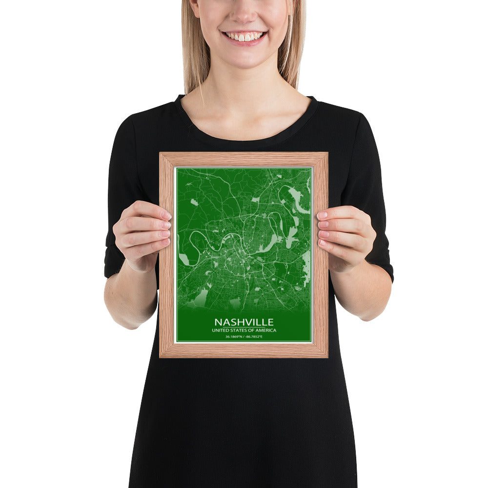 Nashville Green and White Framed Map