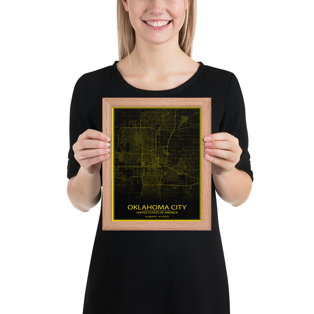 Oklahoma City Black and Yellow Framed Map