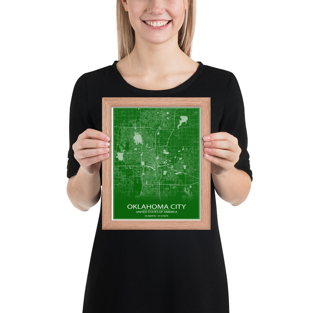 Oklahoma City Green and White Framed Map