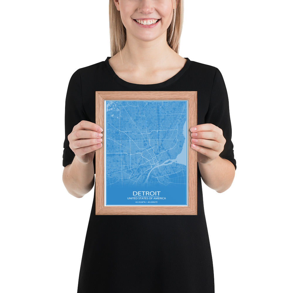 Detroit Blue and White Framed Map