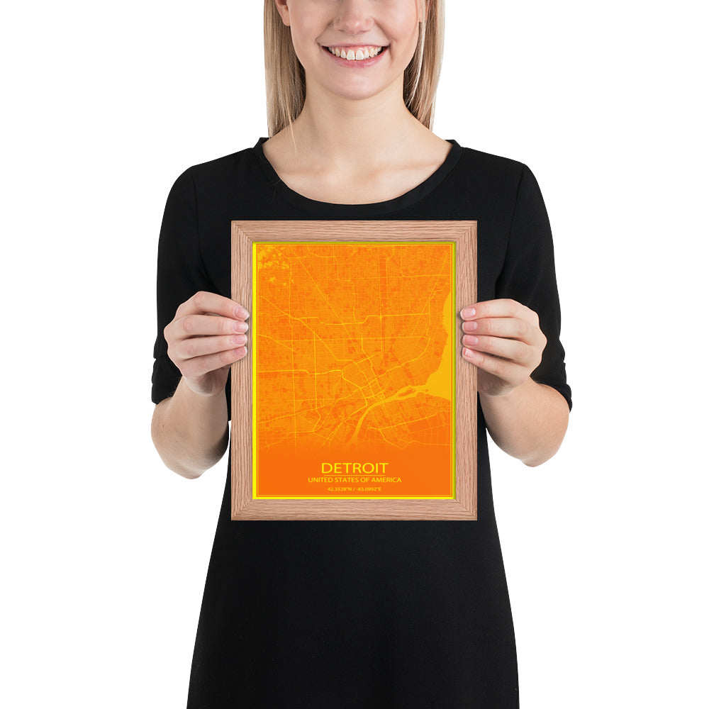 Detroit Orange and Yellow Framed Map