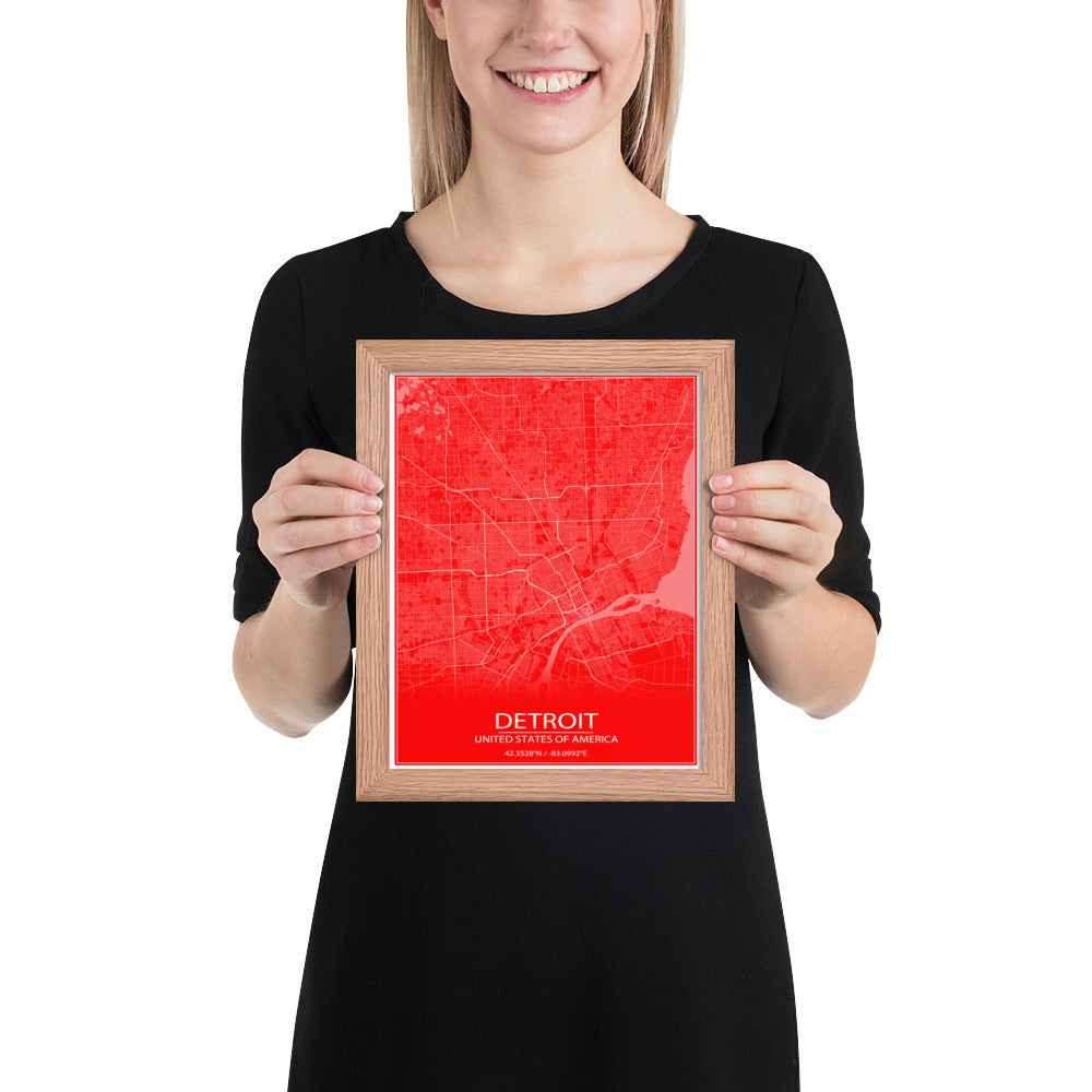 Detroit Red and White Framed Map