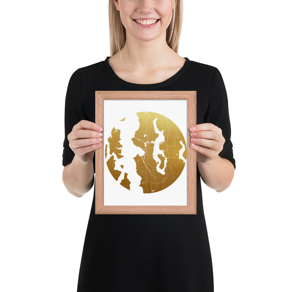 Seattle Gold on White Framed Map