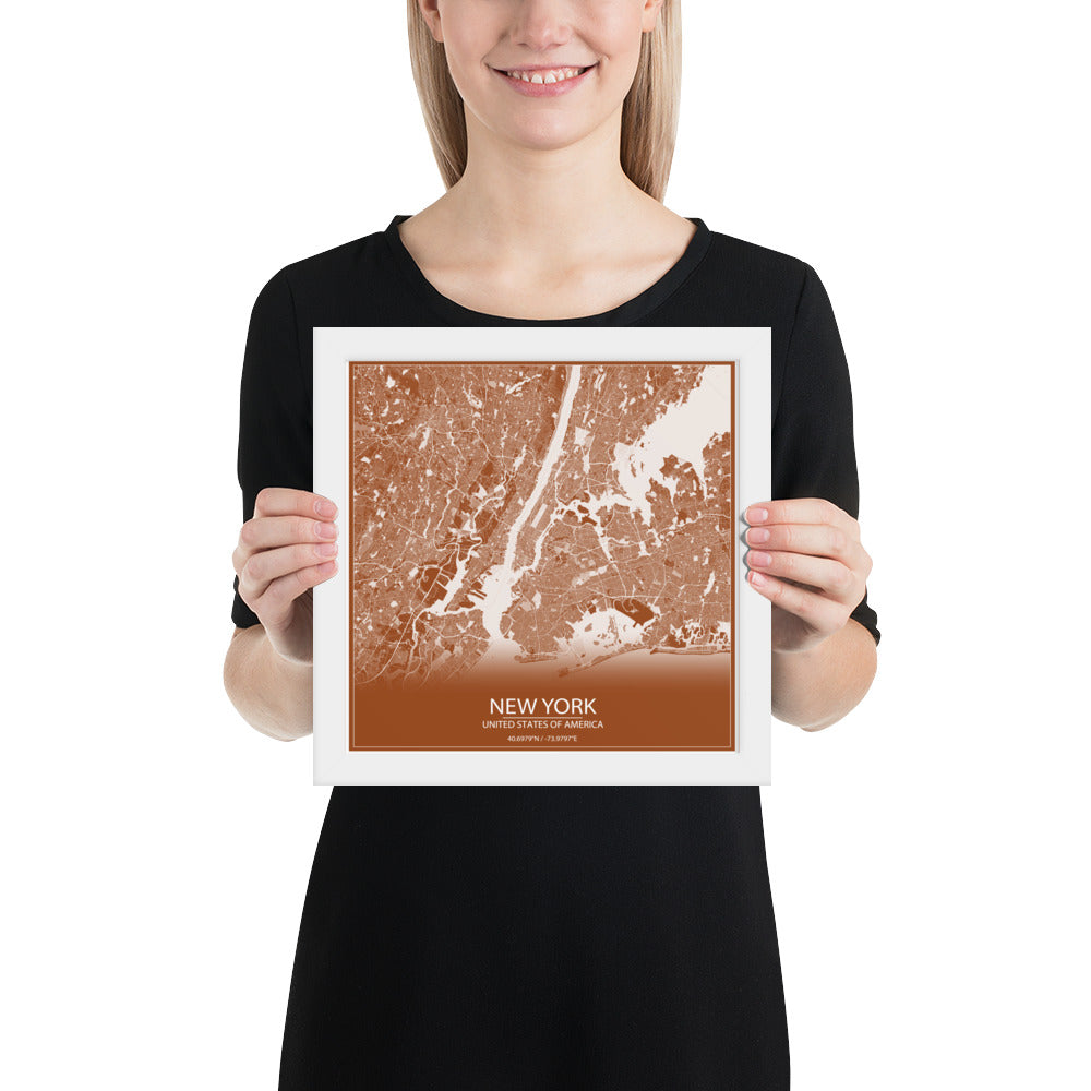 New York Brown and White Framed Map