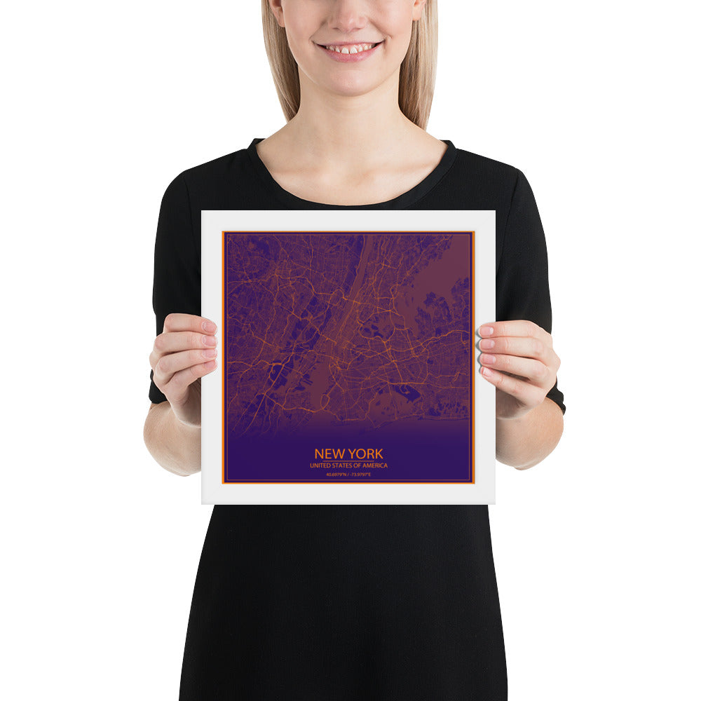 New York Purple and Orange Framed Map