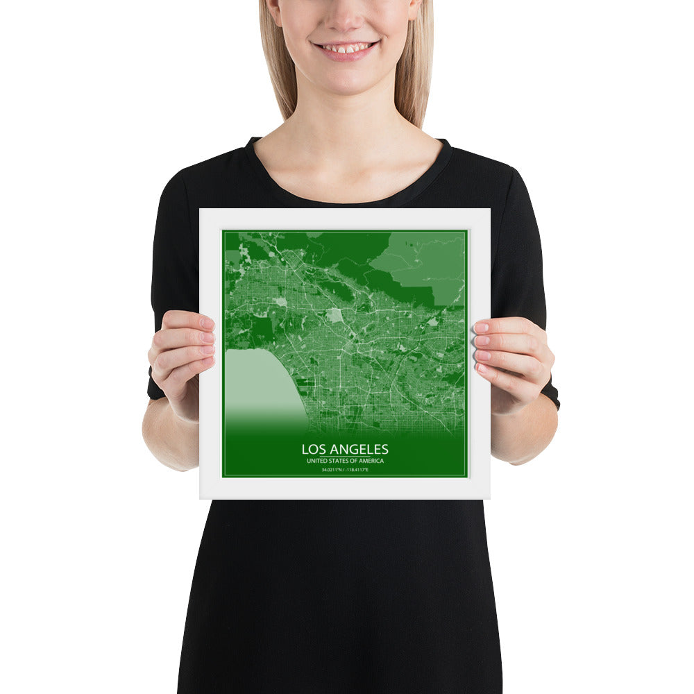 Los Angeles Green and White Framed Map