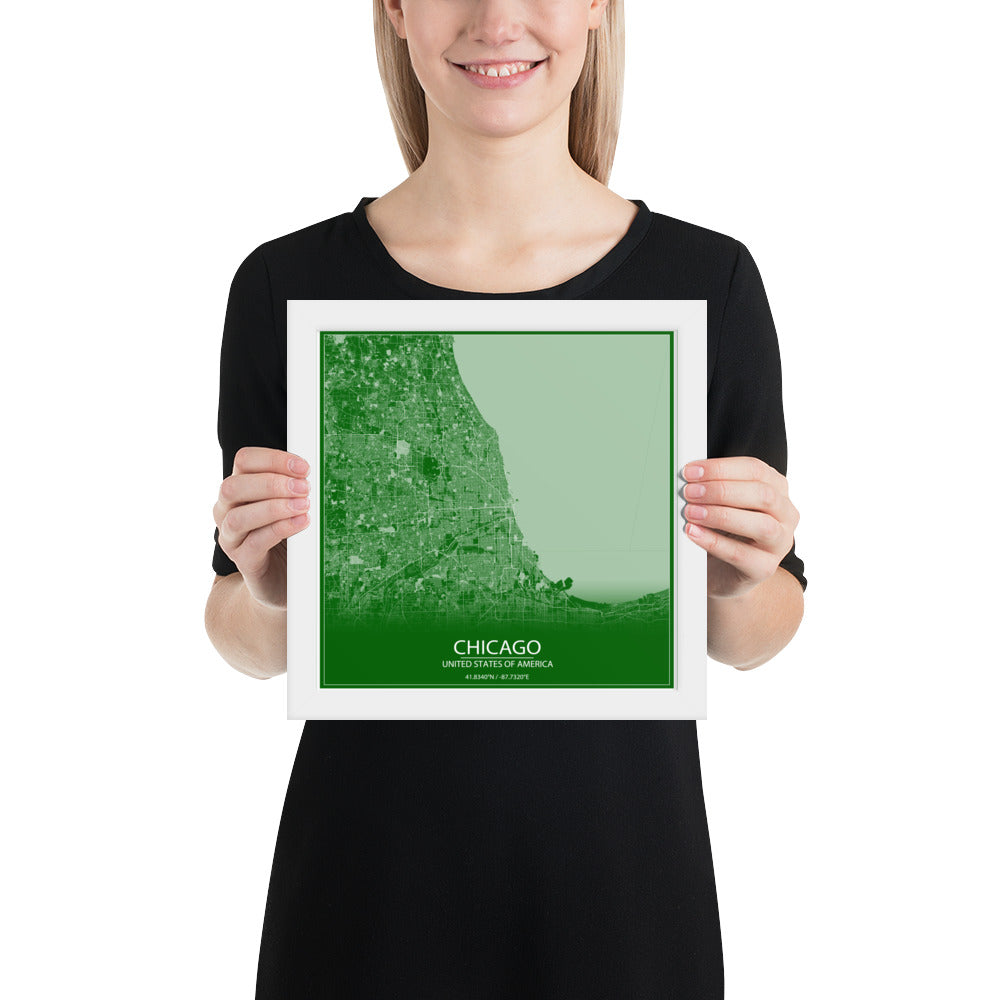 Chicago Green and White Framed Map