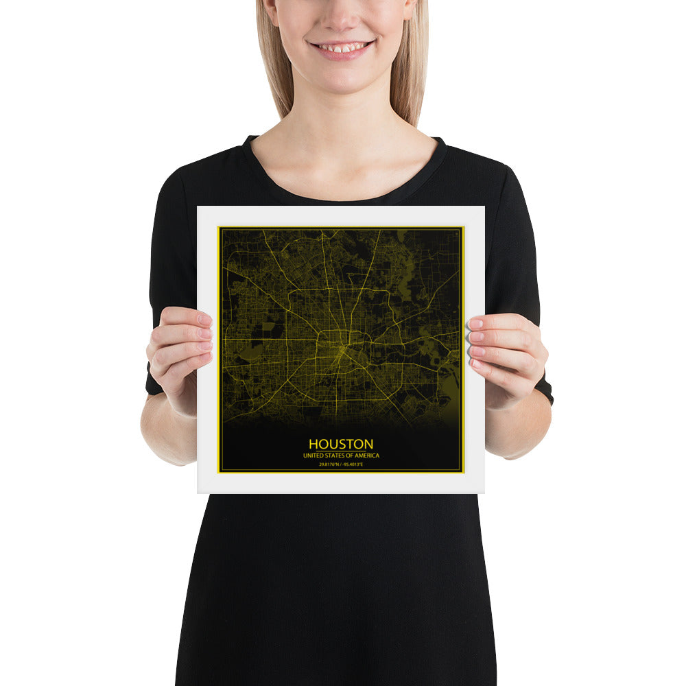 Houston Black and Yellow Framed Map