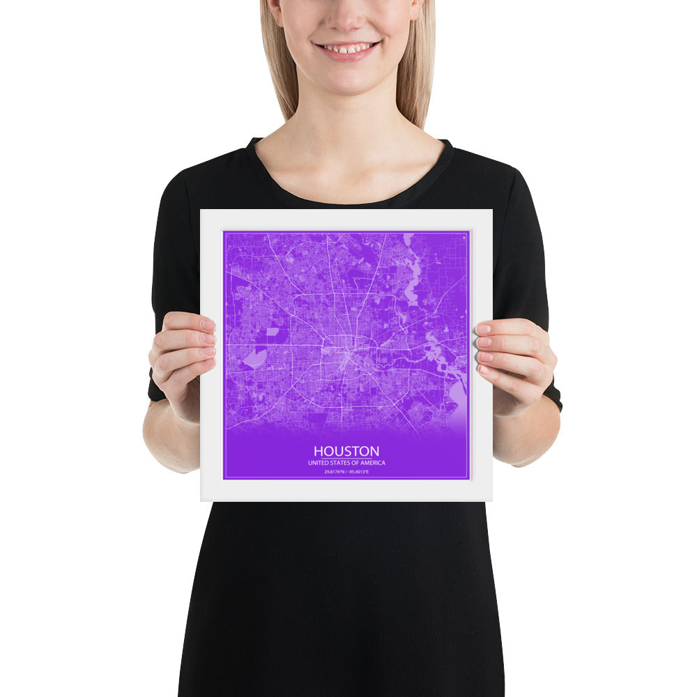 Houston Purple and White Framed Map