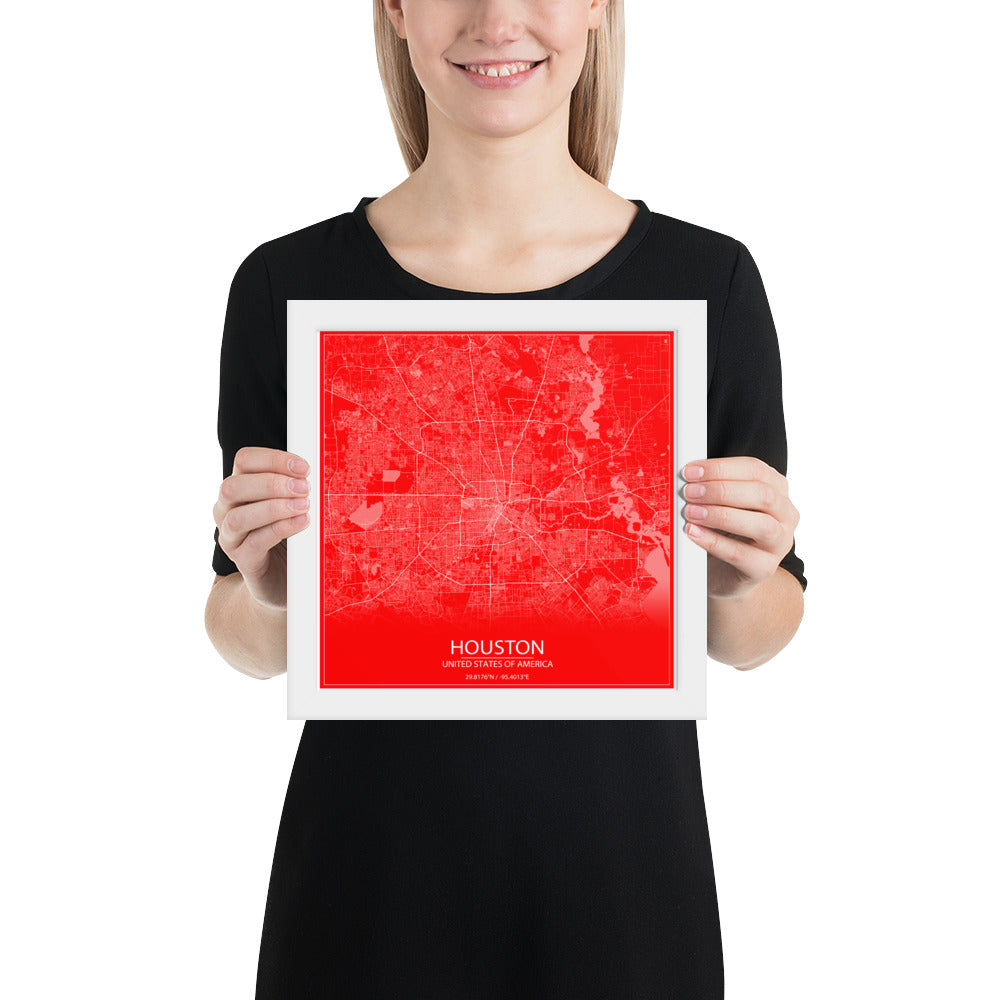 Houston Red and White Framed Map