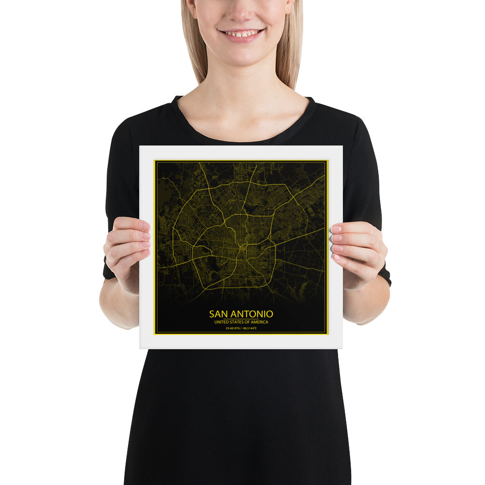 San Antonio Black and Yellow Framed Map