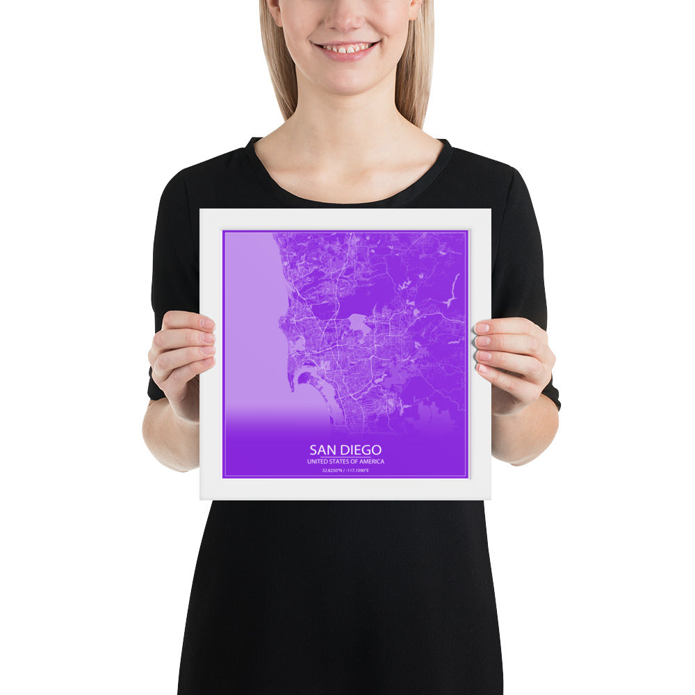 San Diego Purple and White Framed Map