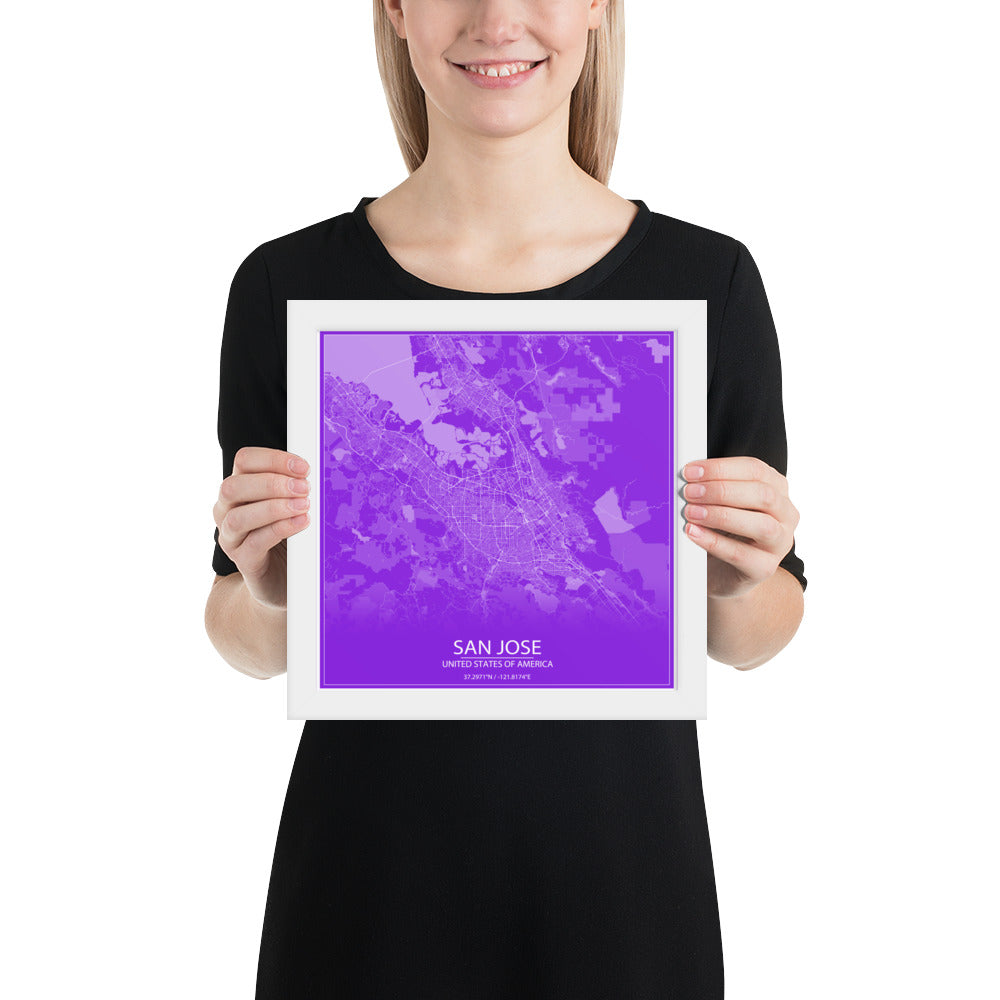 San Jose Purple and White Framed Map