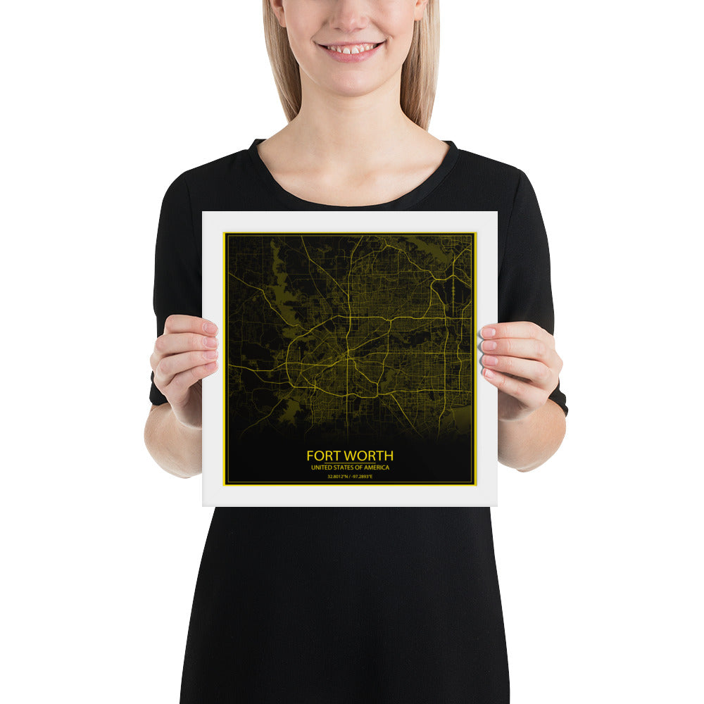 Fort Worth Black and Yellow Framed Map