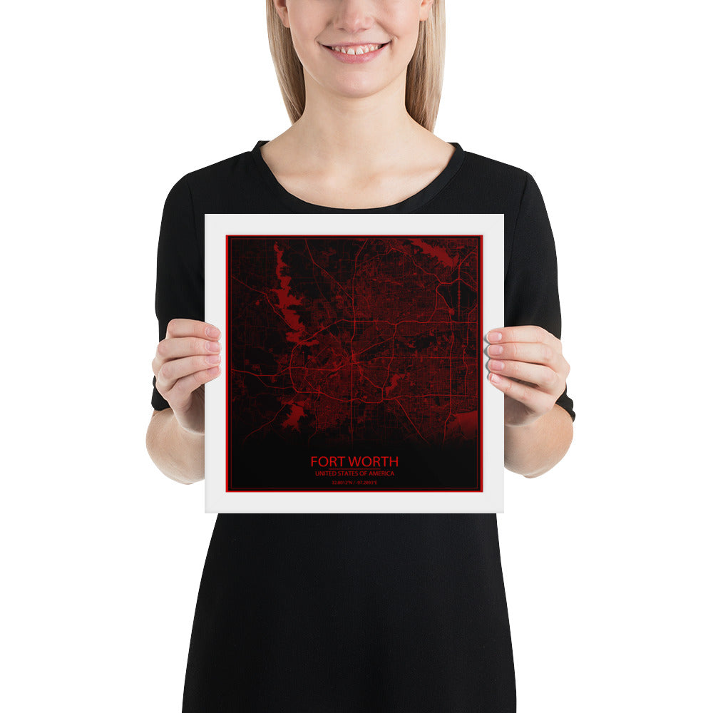 Fort Worth Black and Red Framed Map