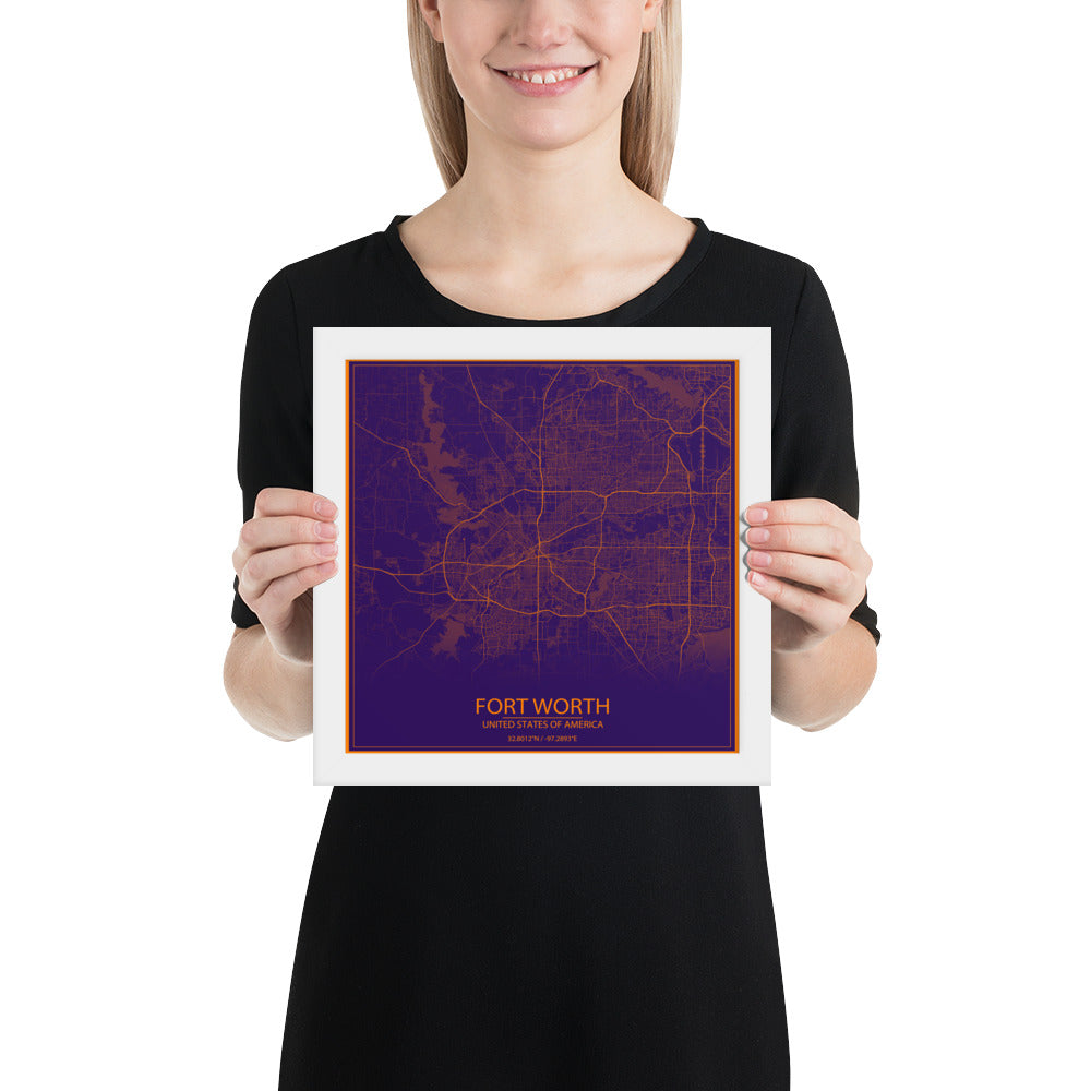 Fort Worth Purple and Orange Framed Map